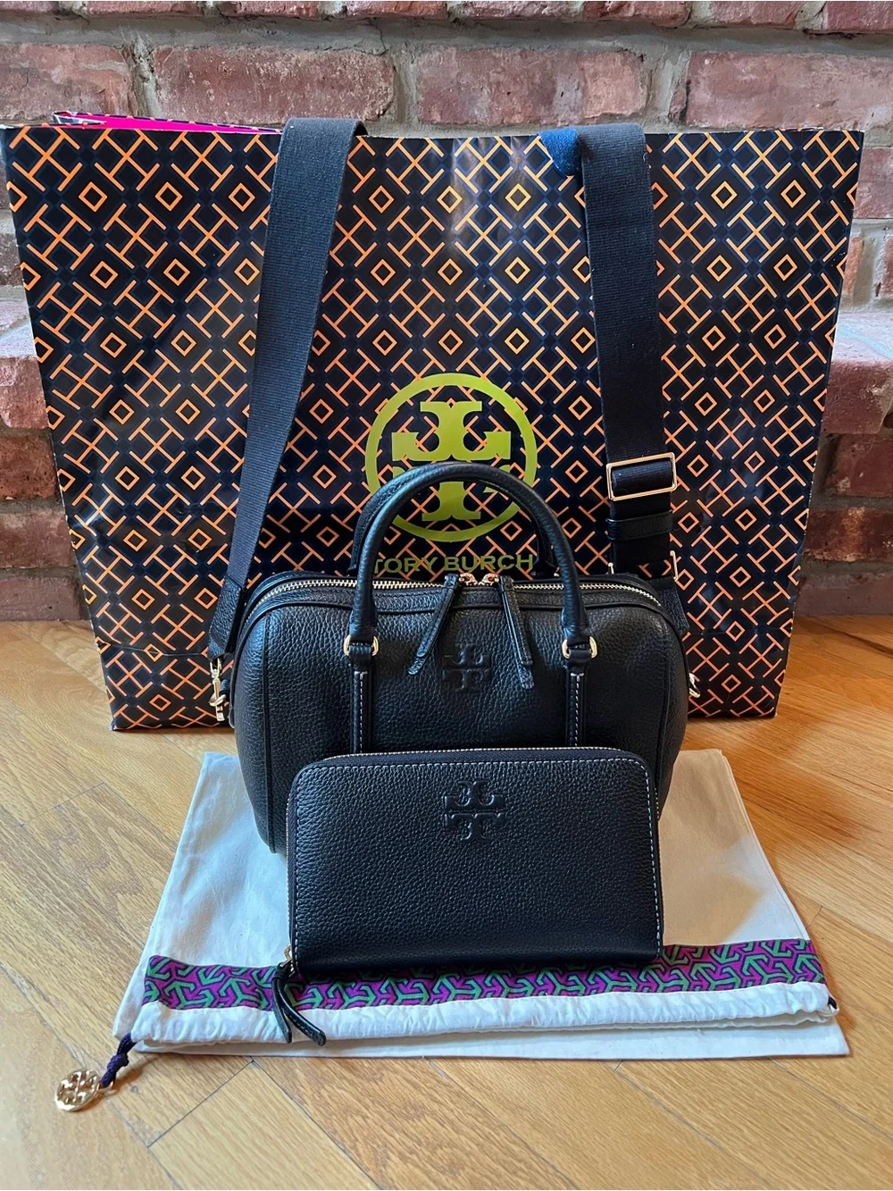Tory Burch Black Pebbled Leather Satchel Crossbody & Continental Wallet Set